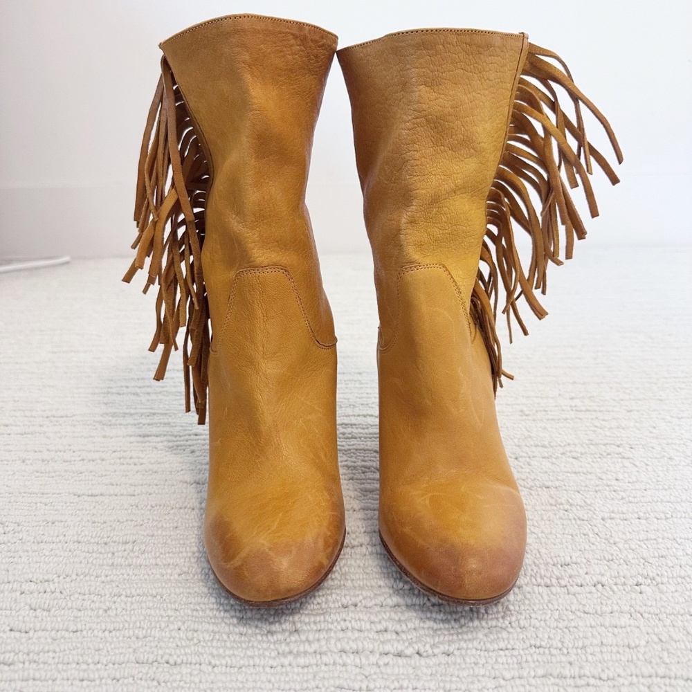 FREE PEOPLE Wild Rose Women's 40 Mustard Leather Boots Fringe Slouch Cowgirl - Picture 2 of 9